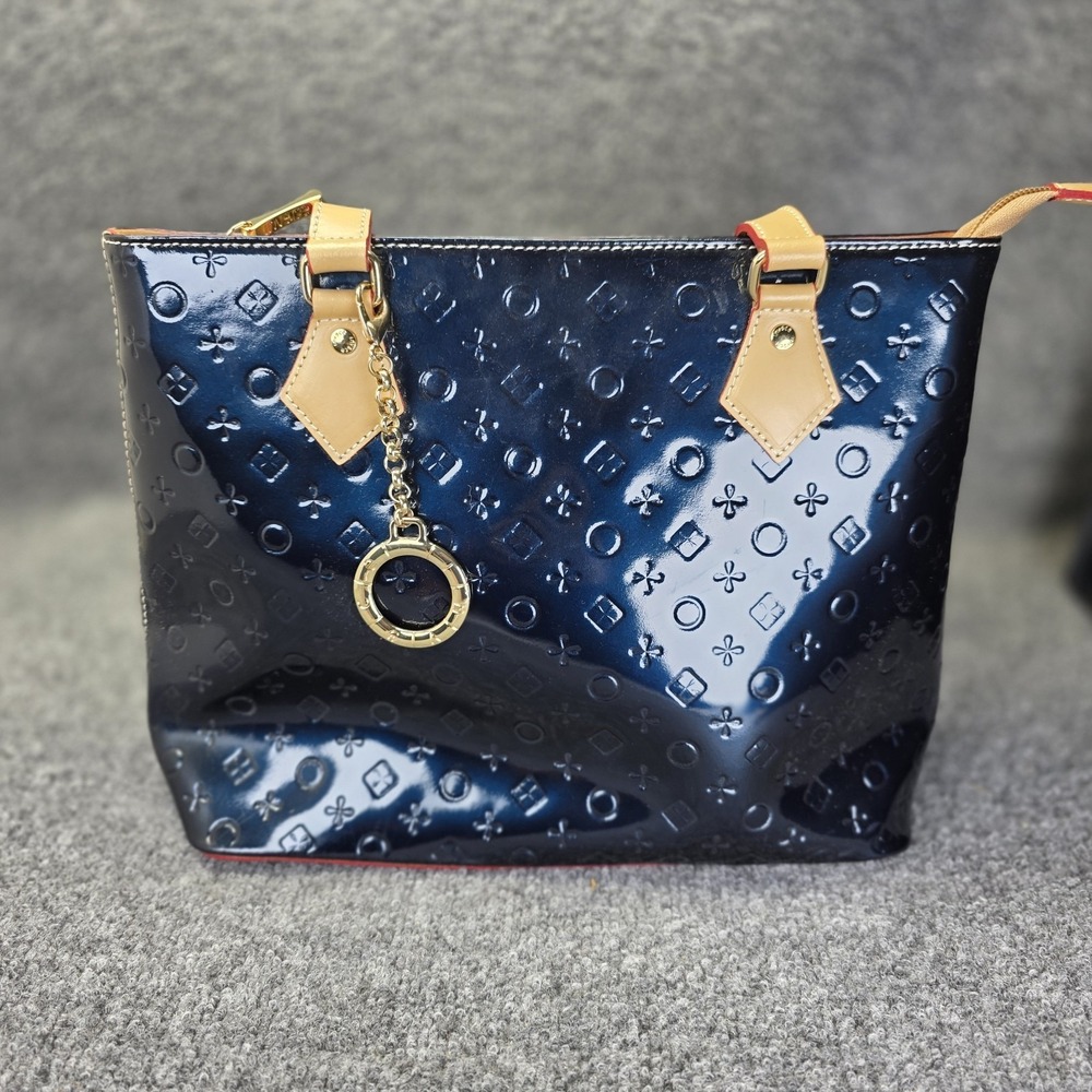 Arcadia Made In Italy Navy Patent Leather Embossed Tote Handbag...